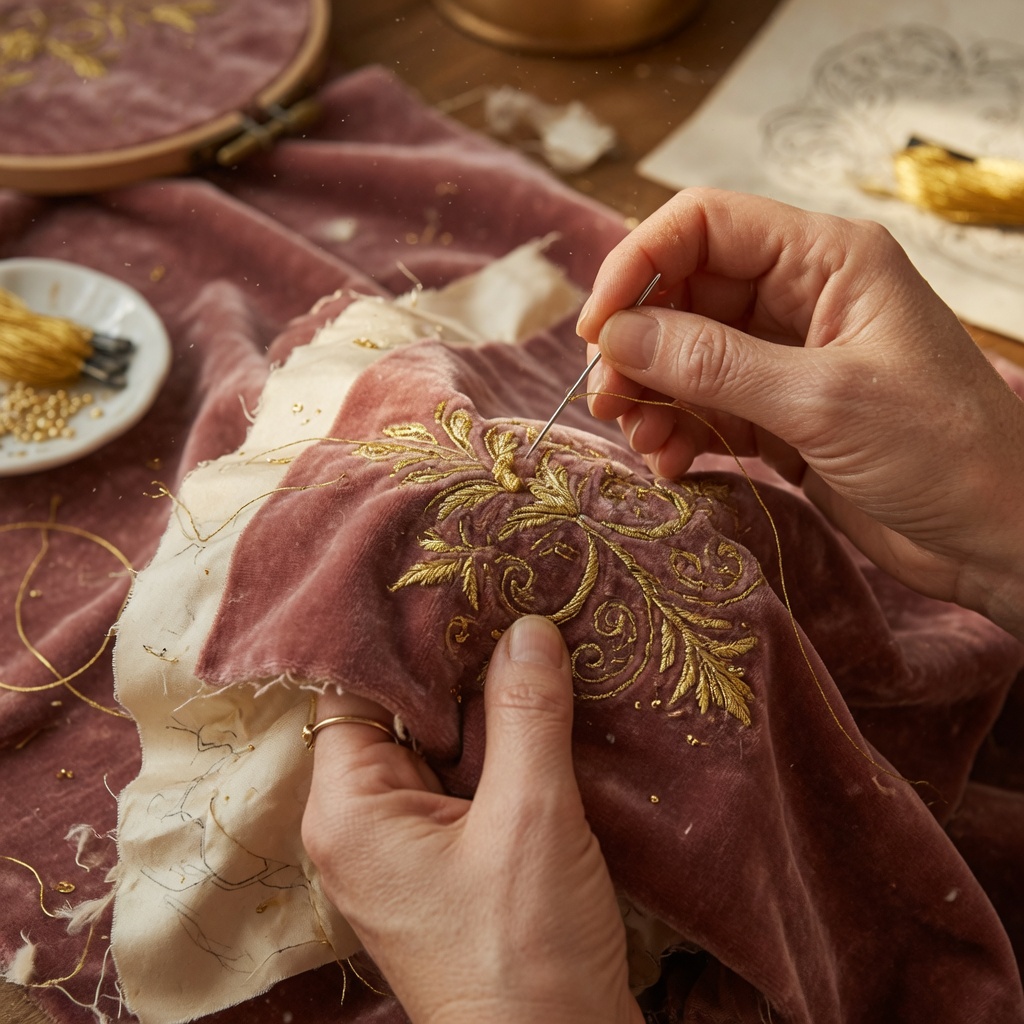 Gros plan sur la broderie et le travail de fil de l’atelier