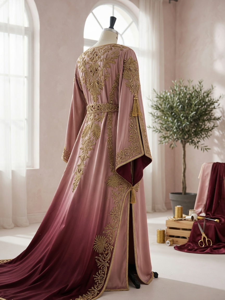 Kaftan brodé présenté sur mannequin dans l’atelier Kaftanista